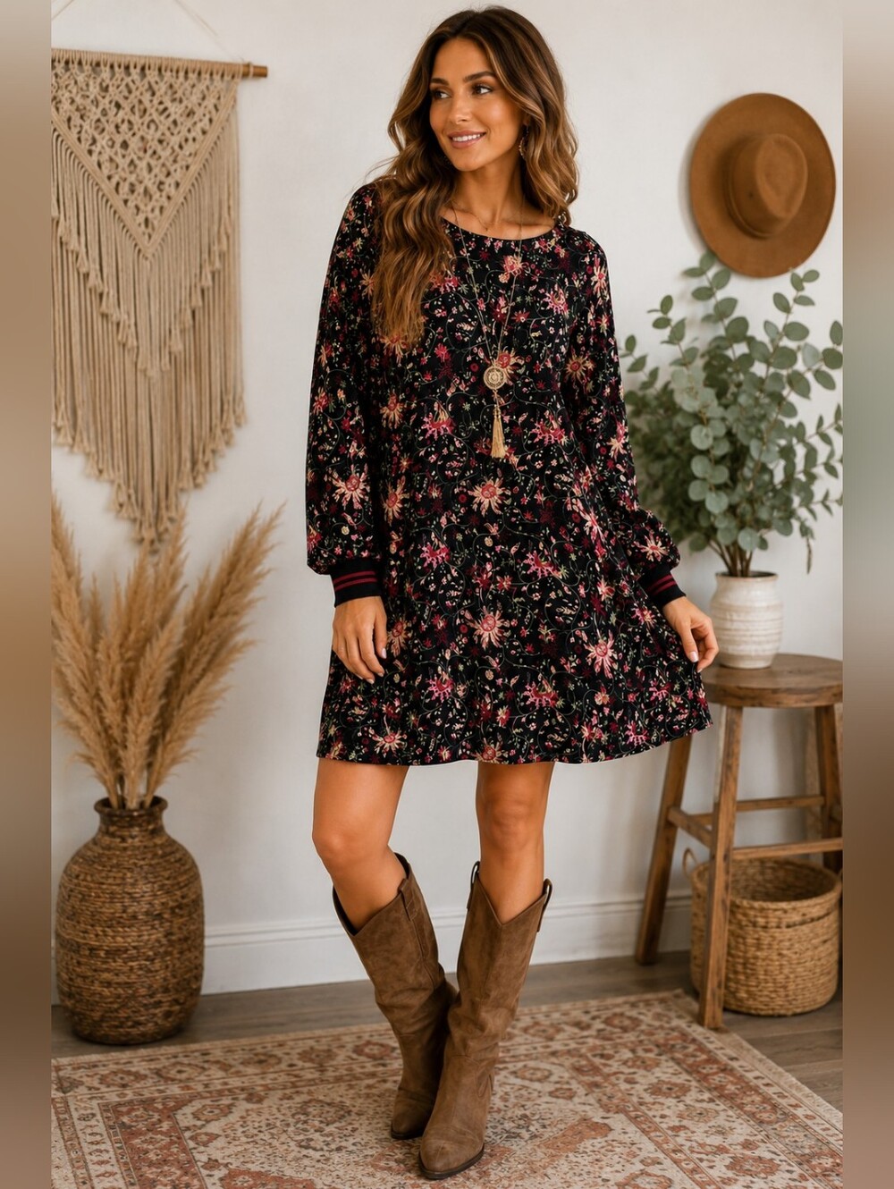 ESQUALO Floral Shift Dress Women’s Size US 8 EU 38 Black Pink Long Sleeve Boho C